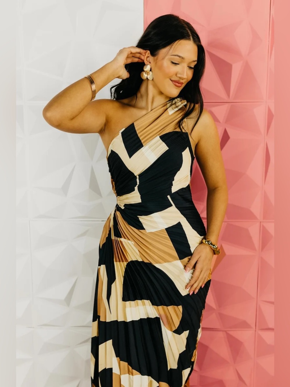 Dress Forum One-Shoulder Pleated Maxi Dress in Black and Tan